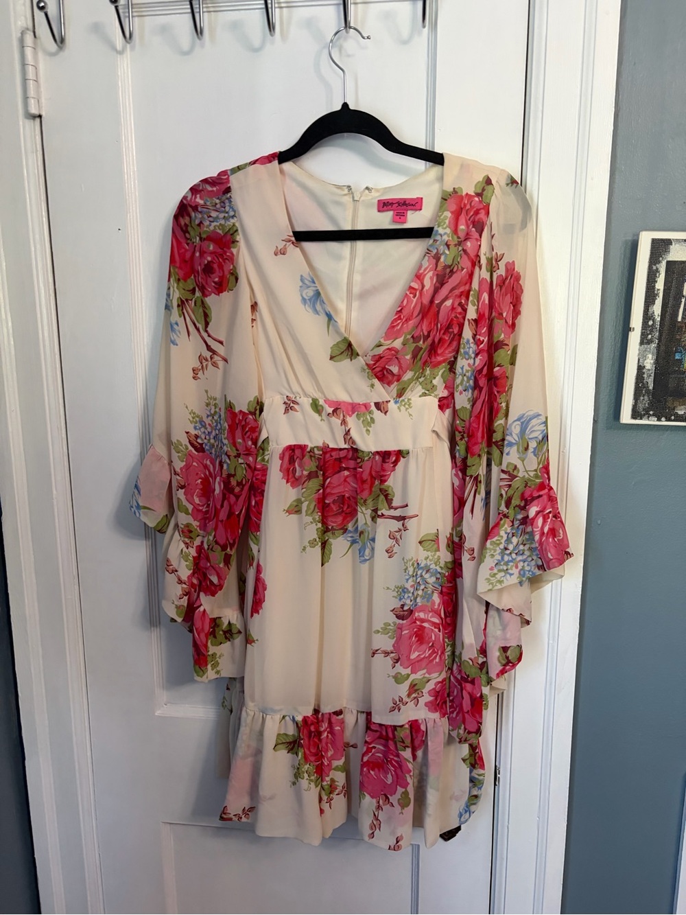 Betsey Johnson Cream Floral Wrap Dress with Pink Roses